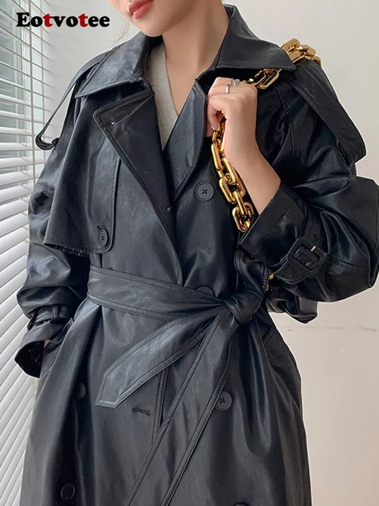 Solid Color Long PU Leather Trench Coat