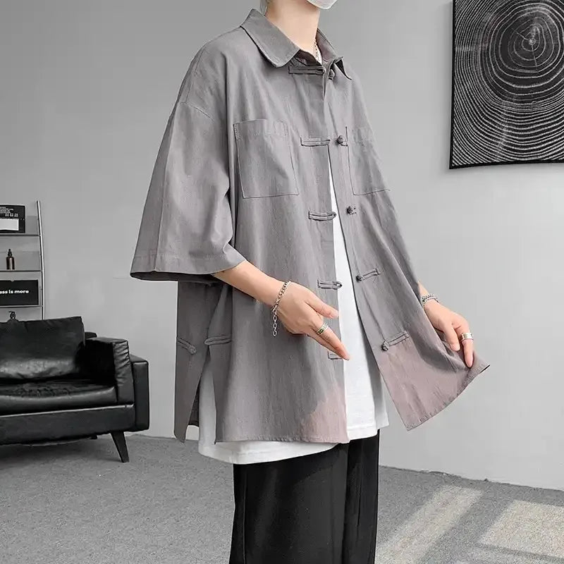 Summer Linen Shirt Oversized Short Sleeve Tang Suit Top With Frog - view 5