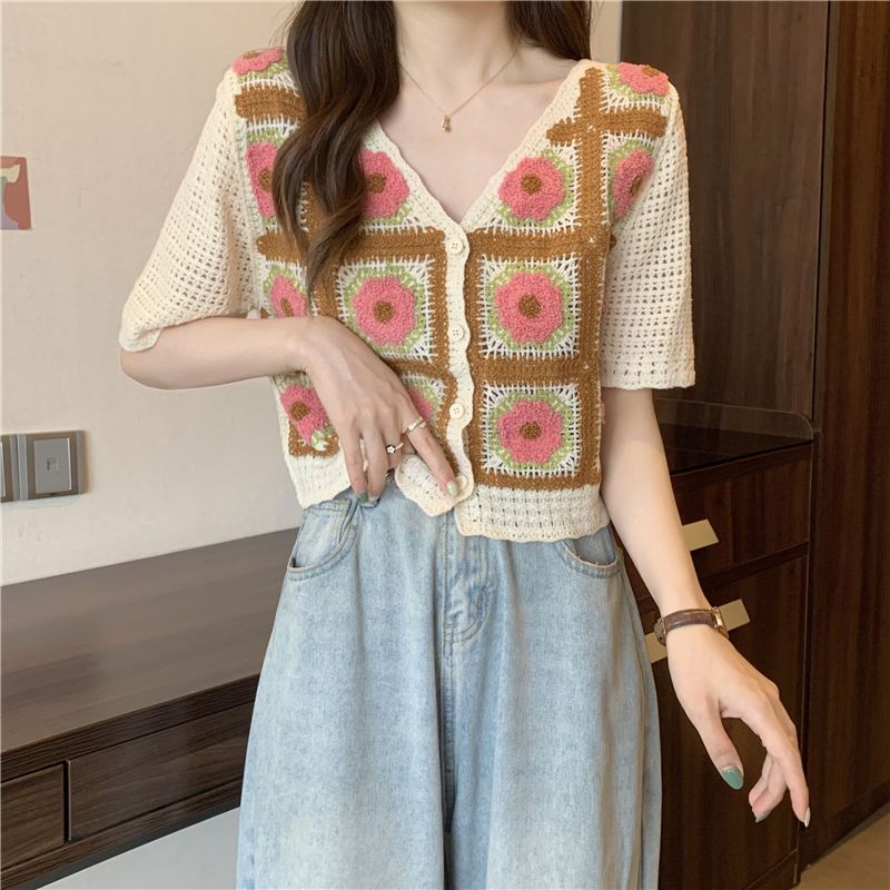 Floral Crochet Knitted Cropped Checked Top - Beige / S