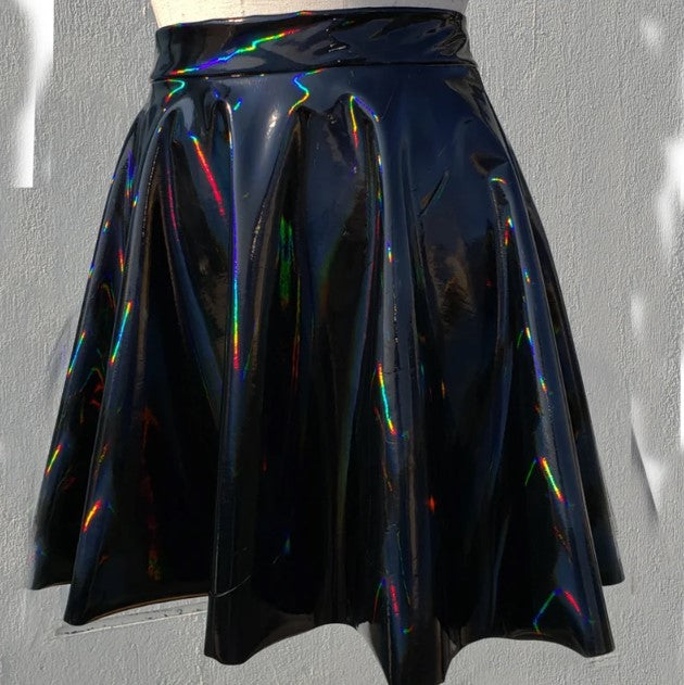 Gothic Holographic Rainbow PVC Vinyl Rave Skirt - Black /
