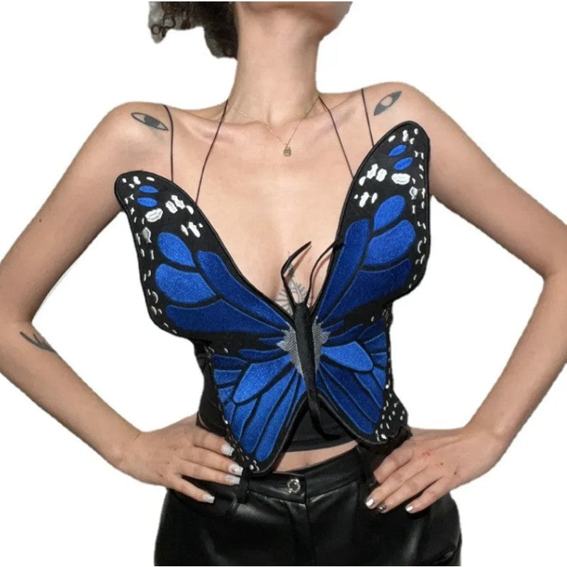 Butterfly Sleeveless Crop Top Corset - Blue / S