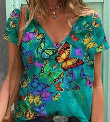 Mehrfarbiges Schmetterlings-T-Shirt mit V-Ausschnitt