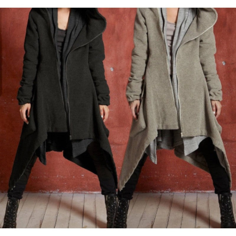 Asymmetric Long Sleeve Plush Trench Coat with Hooded -