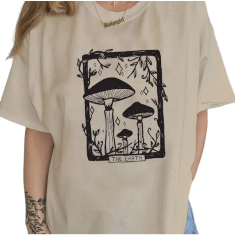 Mushroom Tarot Card the Earth Oversize T-Shirt - Khaki / XS