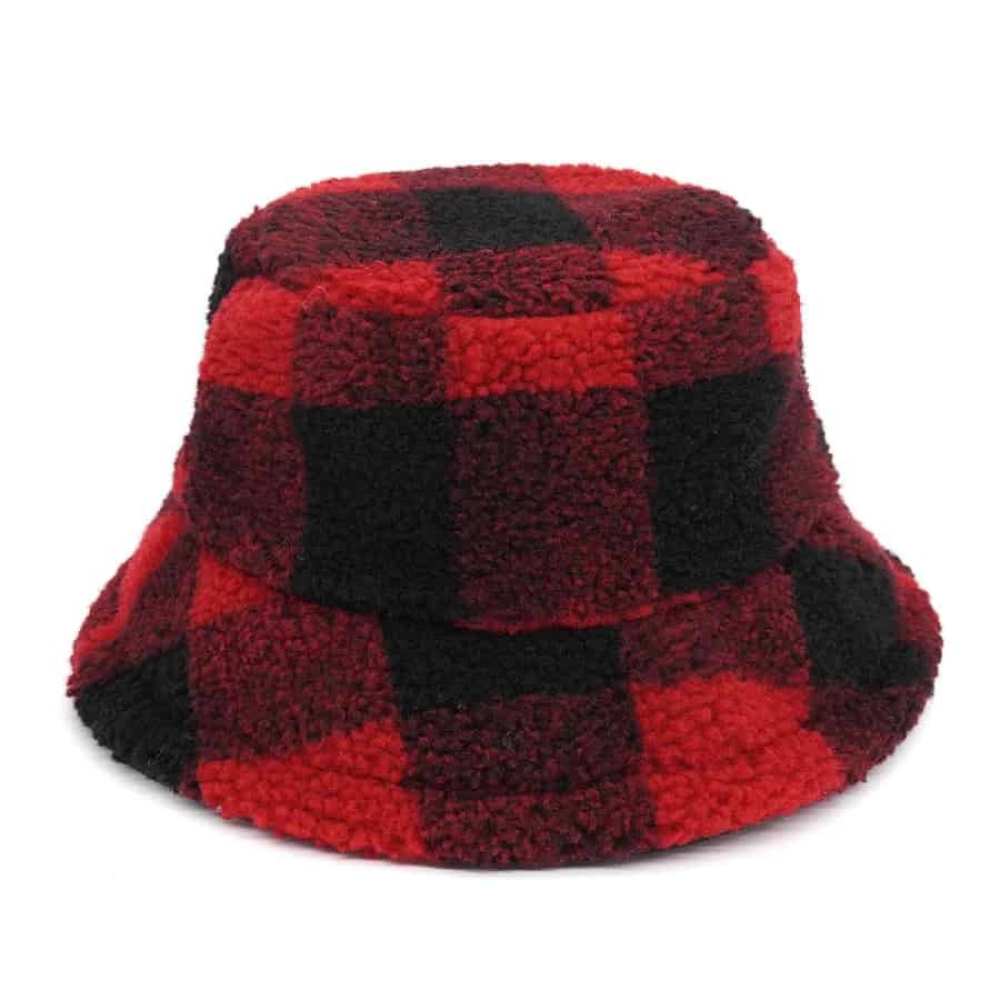 Plaid Pattern Wool Bucket Hat - Red