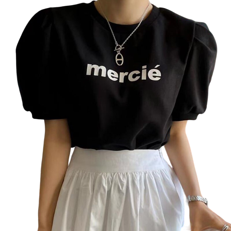 Round Neck Letter Printing Puff Sleeve T-Shirt - Black / One
