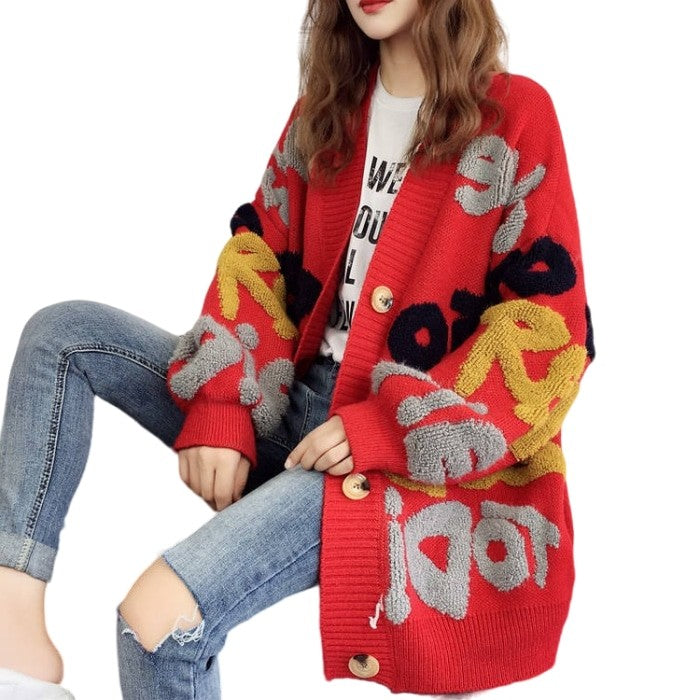 Knitted Letter Cardigan Sweater Coat - Red And Yellow / S
