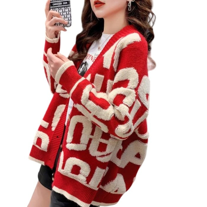 Knitted Letter Cardigan Sweater Coat - Red / M