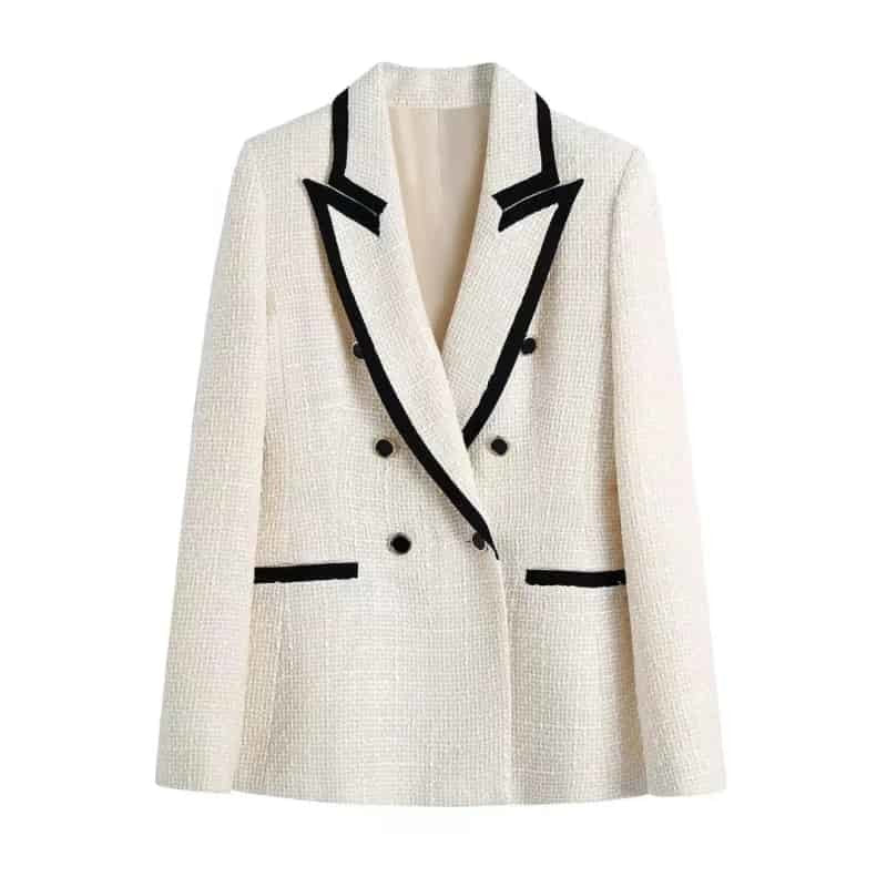 Double Breasted Houndstooth Long Sleeve Blazer - M / Ivory