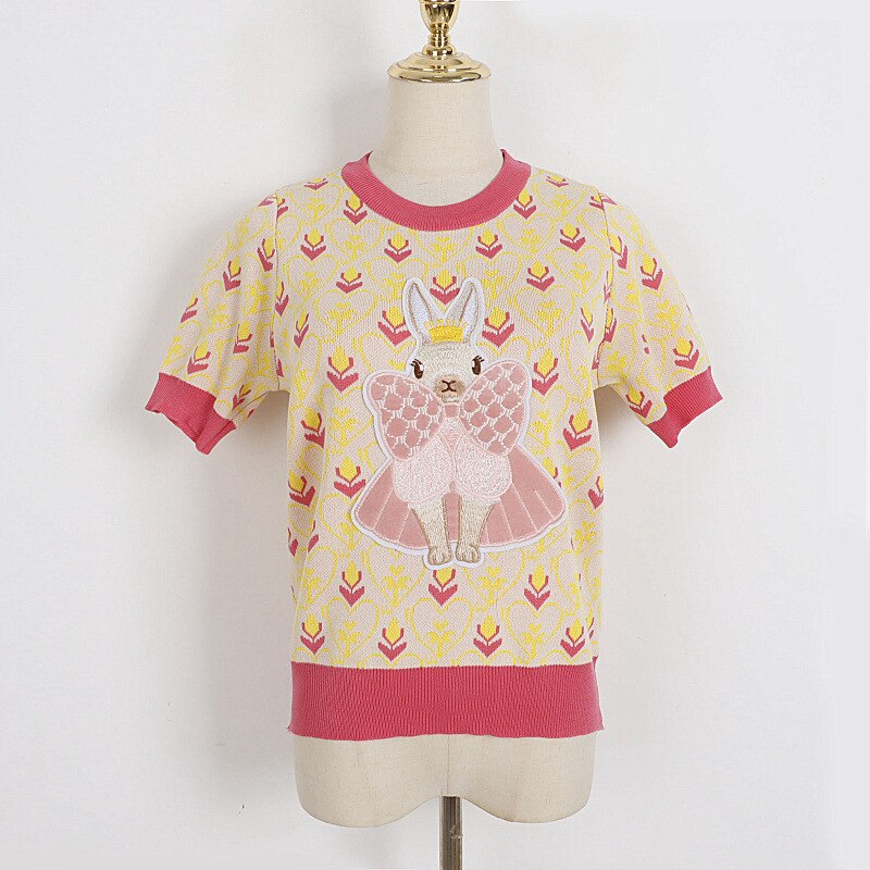 Embroidery Rabbit Short Sleeve T-Shirt - Pink Yellow / S