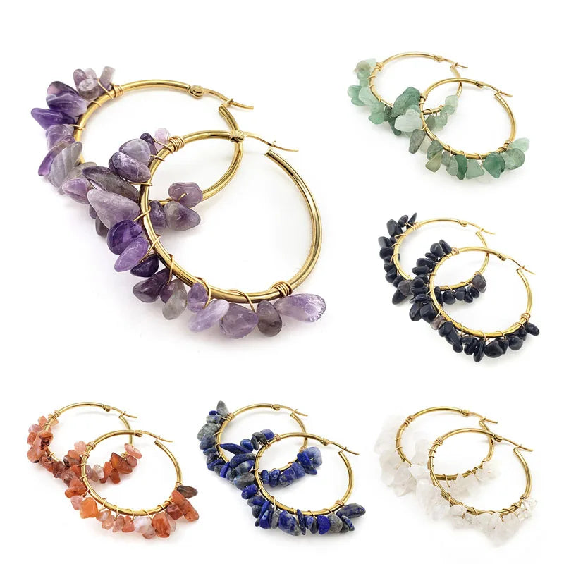 Natural Crystal Long Tassel Round Hoop Earrings