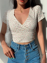 Thumbnail for Floral V-Neck Crop Top Blouse - Light Yellow / S - crop top