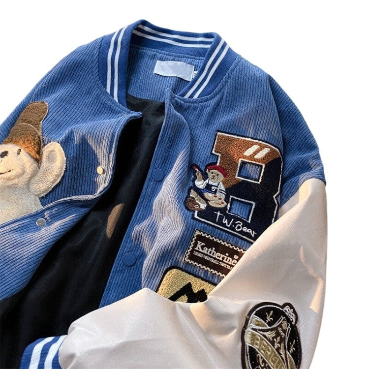 Bear Embroidered Baseball Jacket - Blue / M
