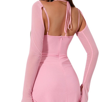 Thumbnail for Long Sleeve Pink Backless Slim Mini Dress
