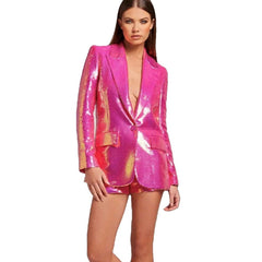 Neon Pink Sequin Turn Down Neck Suit - Blazer