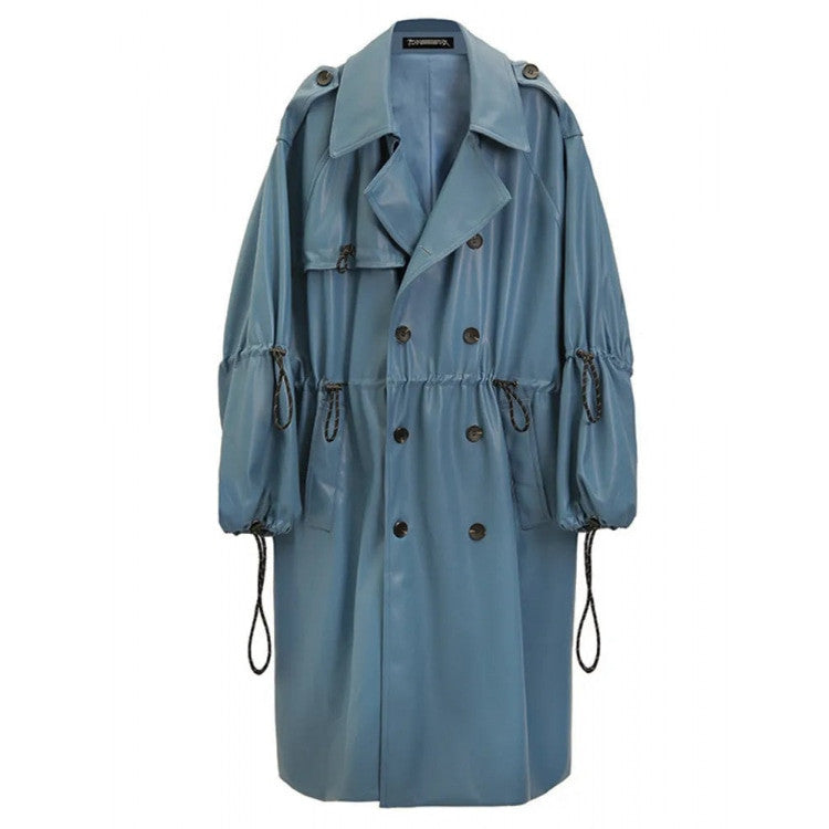 Oversized Blue PU Leather Trench Coat - blue / S
