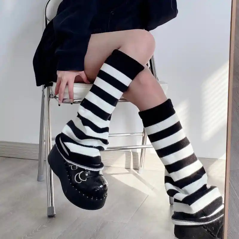 Striped Flared Leg Warmers Stretch Knee High Boots