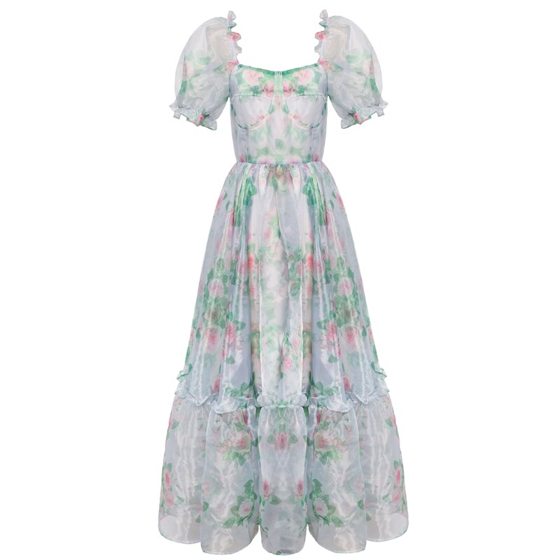 Elegant Floral Midi Puff Sleeve Dress