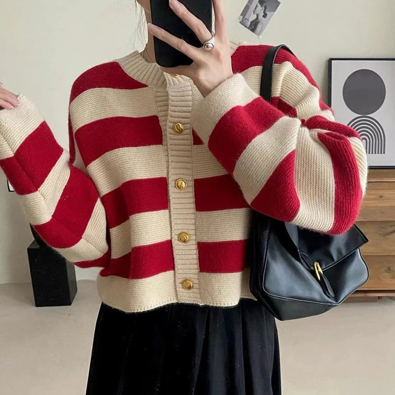 Round Neck Striped Knitted Button Up Loose Cardigan