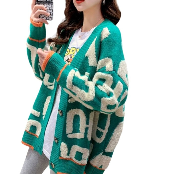 Knitted Letter Cardigan Sweater Coat - Green / S