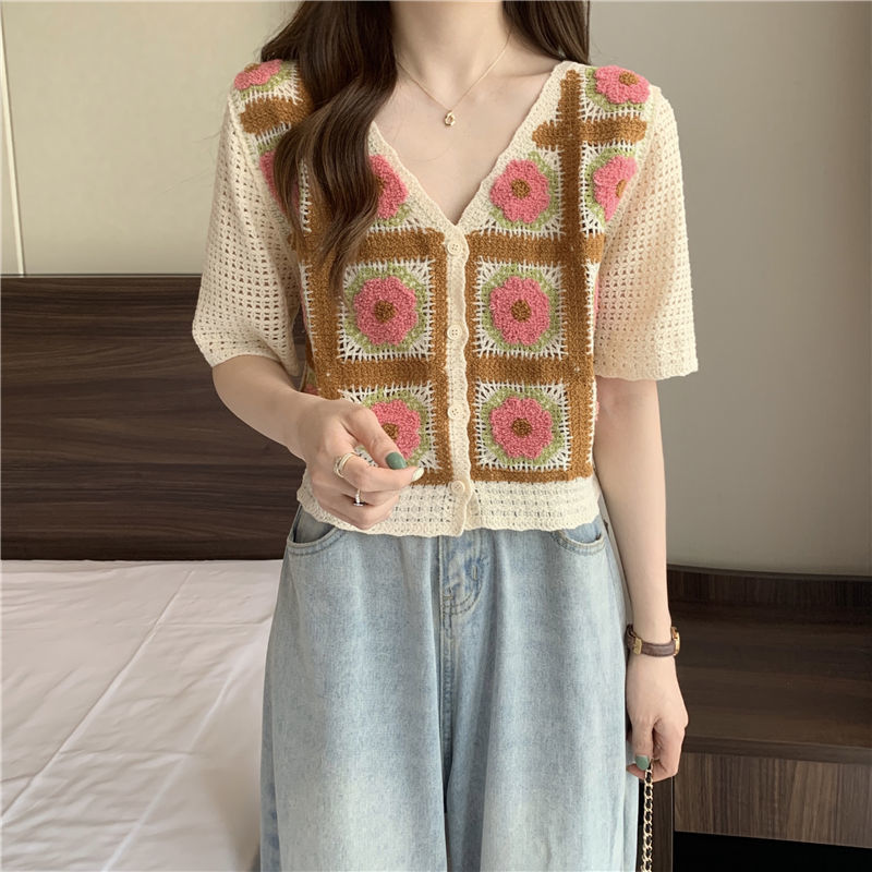 Floral Crochet Knitted Cropped Checked Top