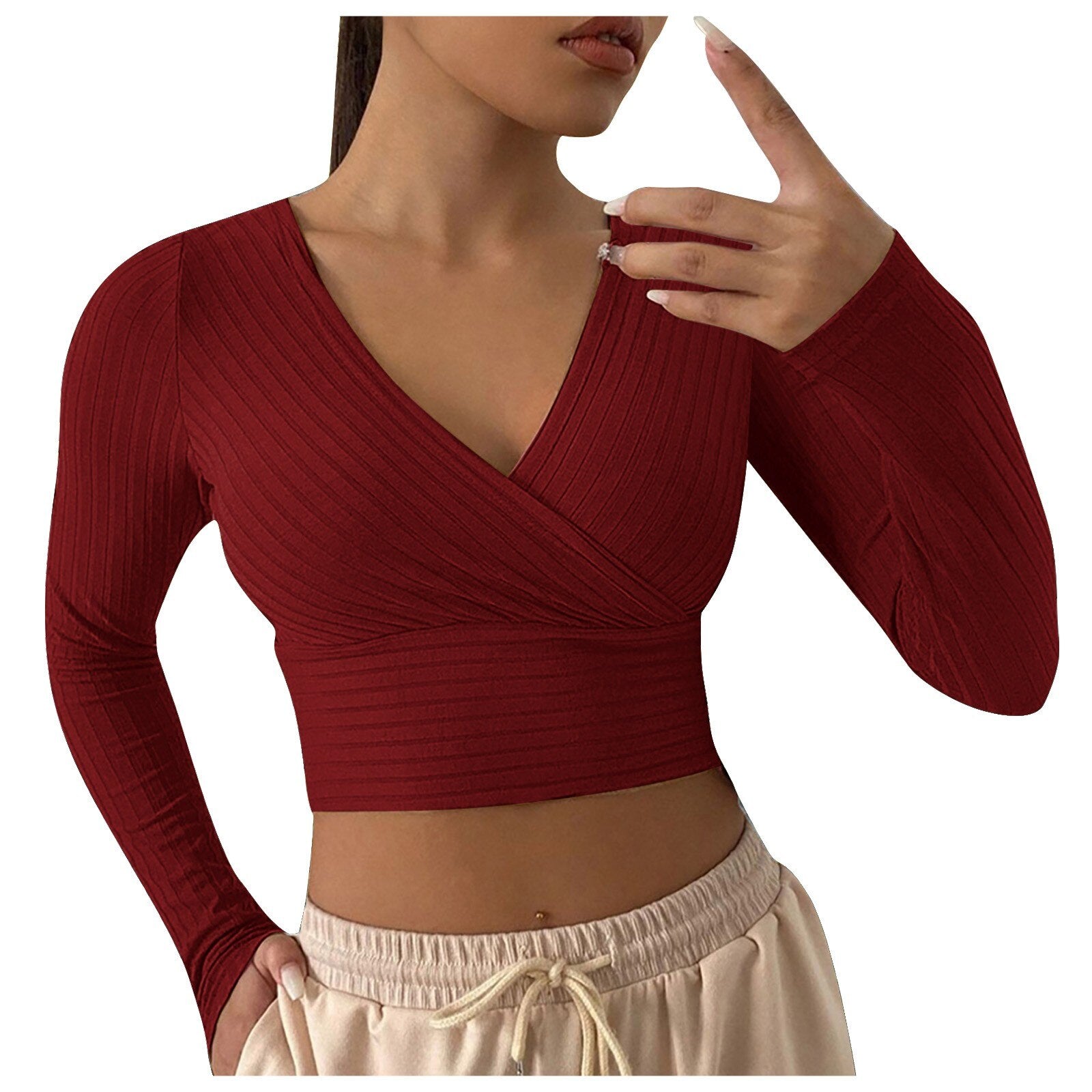 V-Neck Cross Wrap Ribbed Knit Crop Top - Red / S - crop top
