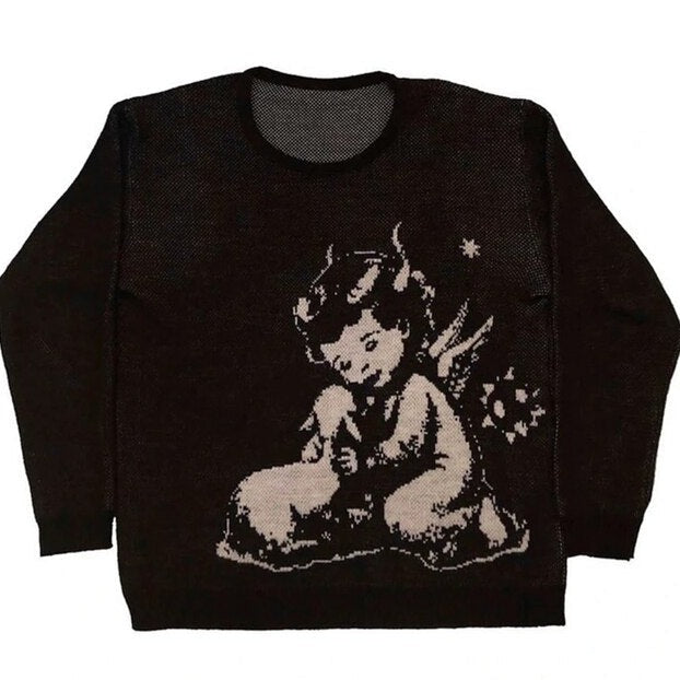Cartoon Print Y2K Gothic Sweater - Black Angel / M