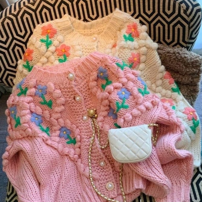 Niedlicher Blumen-Strick-Cardigan mit O-Ausschnitt