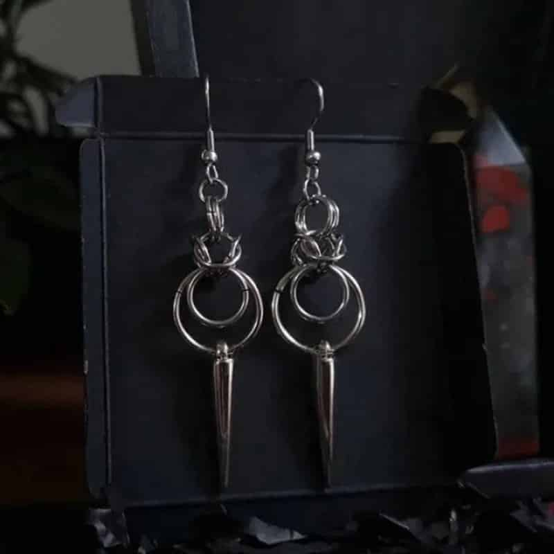 Stainless Steel Gothic Double O Ring Spike Dangle Earrings