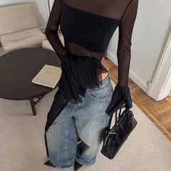 Irregular Asymmetric Neck Mesh Long Sleeve Top