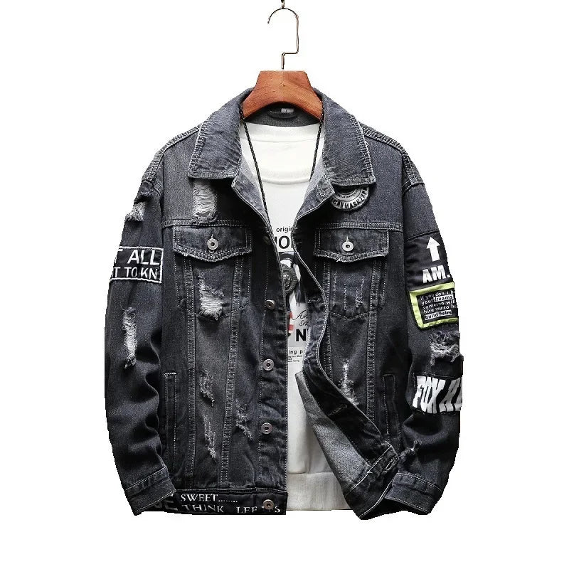 Men's casual denim jacket with distressed holes, trendy style, comfortable fit, standard length