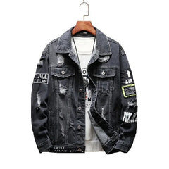 Men's casual denim jacket with distressed holes, trendy style, comfortable fit, standard length