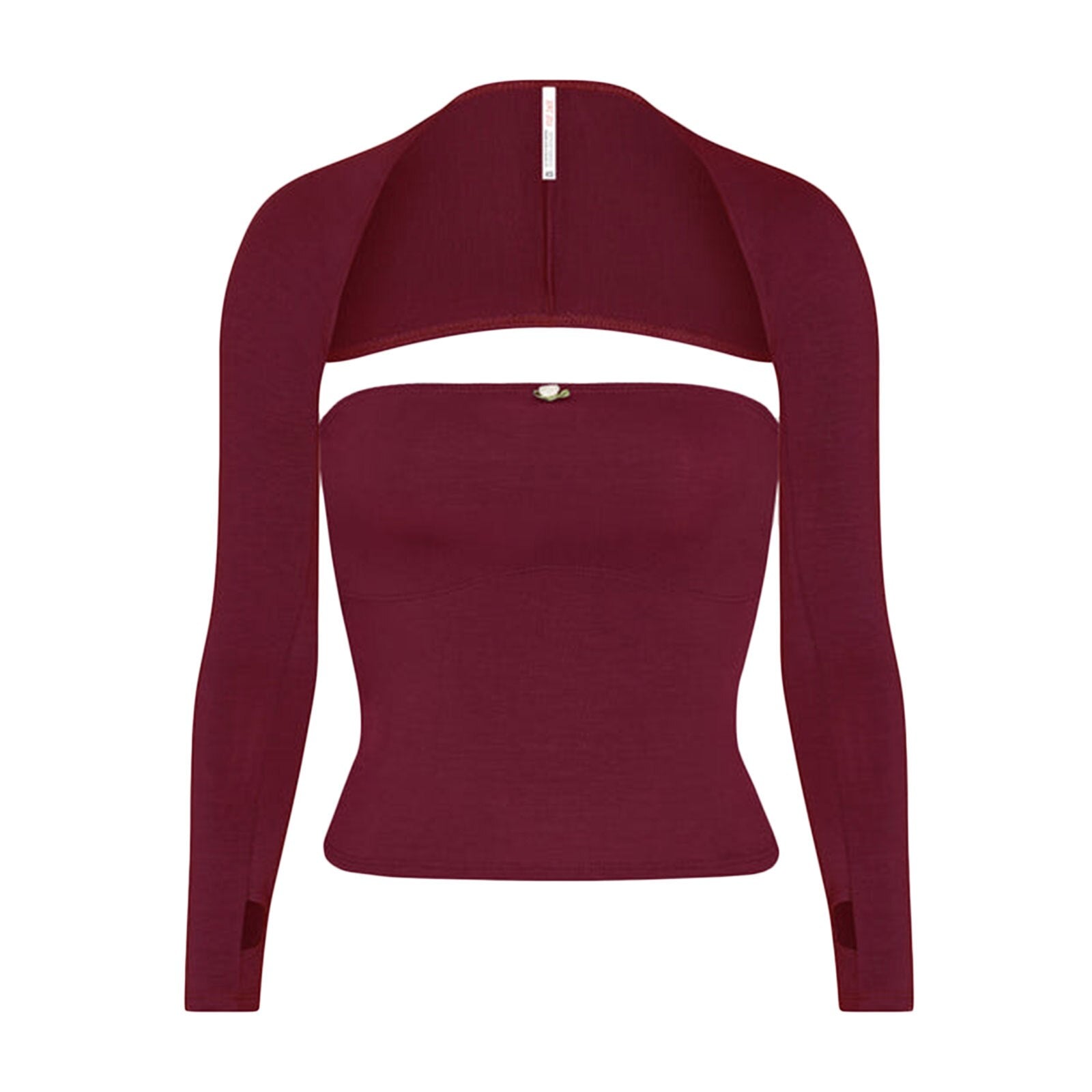 Square Neck Long Sleeve Solid Color Cropped Top - Red / S
