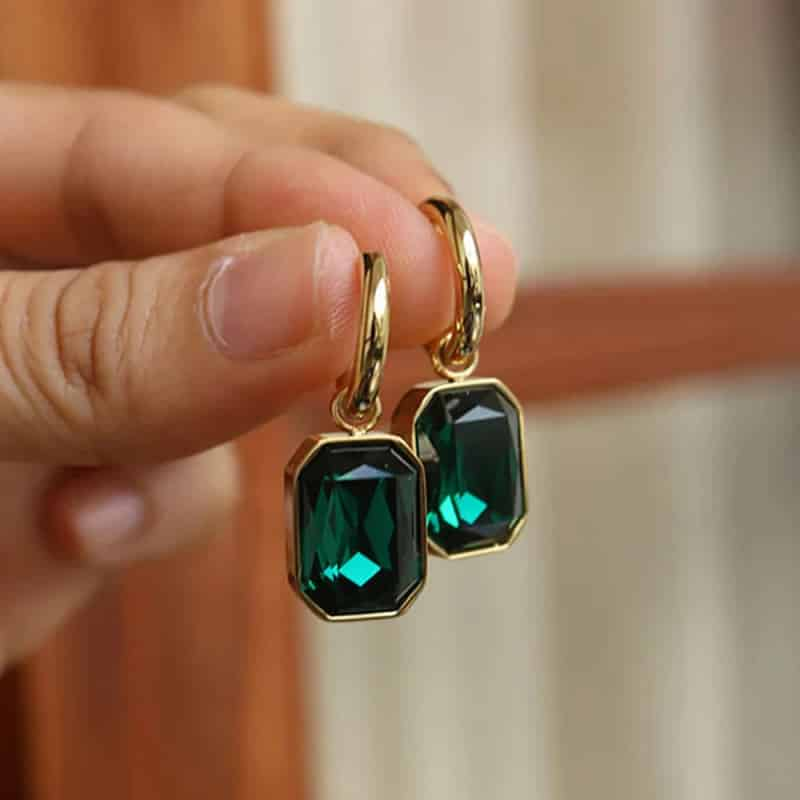 Square Crystal Stainless Steel Drop Hoop Earrings