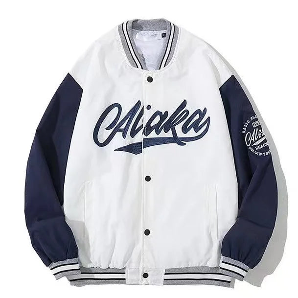 Oversized printed denim jacket featuring Y2K Harajuku streetwear style in classic blue wash