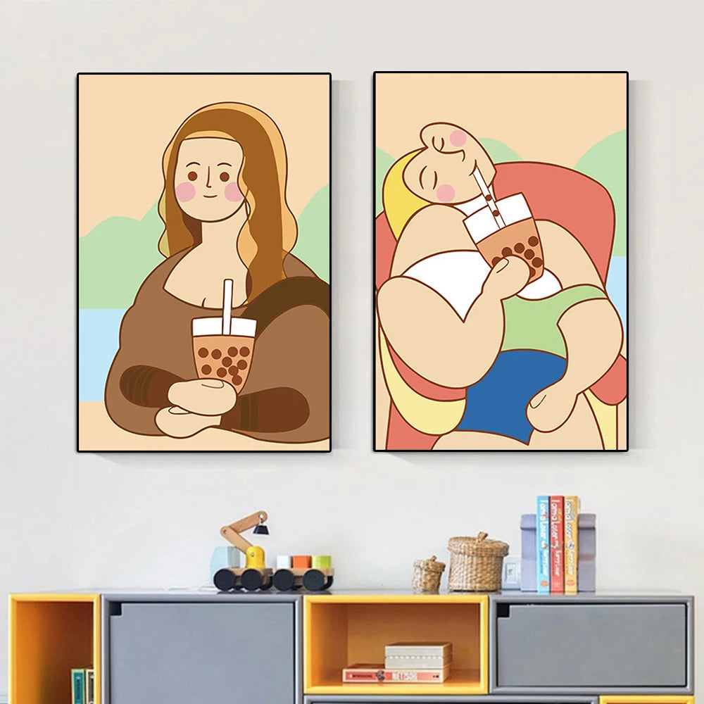 Van Gogh Mona Lisa Drinking Bubble Tea Cartoon Poster Canvas