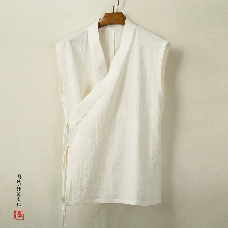 Chinese Traditional Hanfu Vest Linen Cotton Sleeveless Slit Top Kimono - view 6