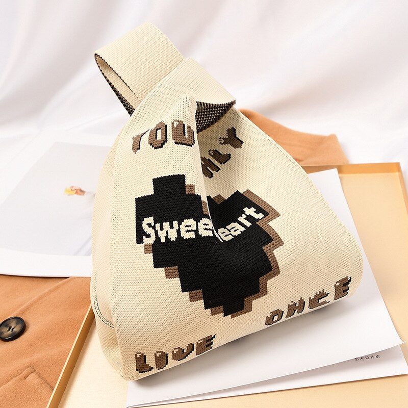 Wrist Knit Handbag Tote Bag - Beige Black / 20x12x35cm
