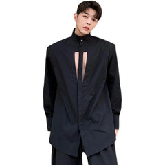 Tuxedo Shoulder Pad Covered Button Long Sleeve Shirt