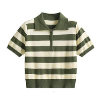 Thumbnail for Zipper Striped Polo T-Shirt - Green / One size - Shirt
