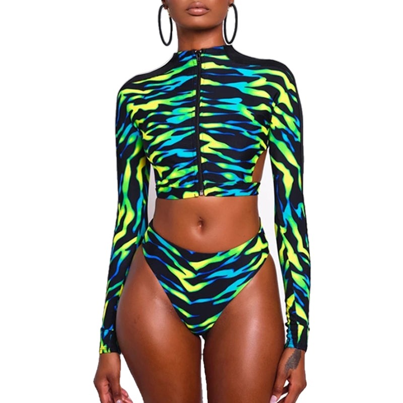 African Long-Sleeve Bikini Brazilian - Green / S