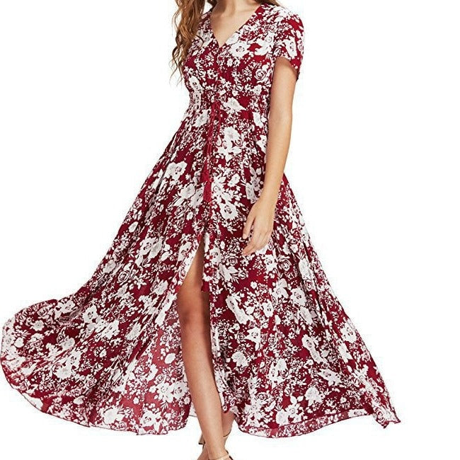 Bohemian Flower Print V-Neck Dress - Red / Short Sleeve / S