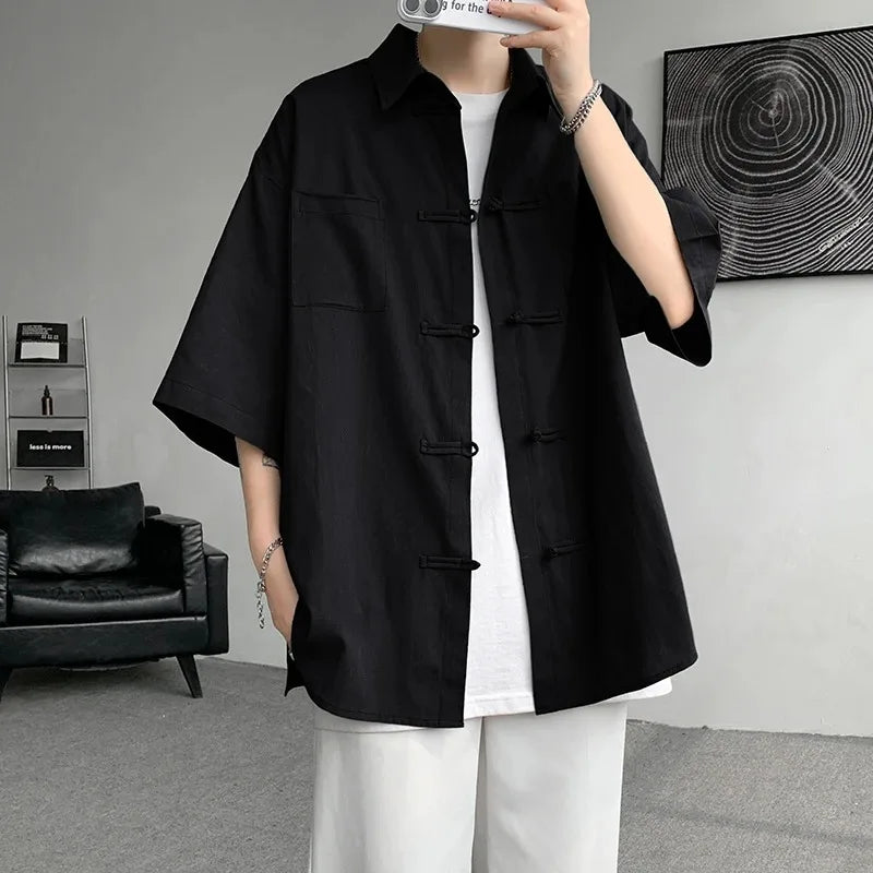 Summer Linen Shirt Oversized Short Sleeve Tang Suit Top With Frog - view 4