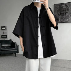 Summer Linen Shirt Oversized Short Sleeve Tang Suit Top With Frog - view 4