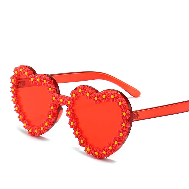 Flower Heart Shaped Sunglasses - Red