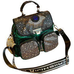 Shiny Rhinestone Evil Eye Multi-pocket Backpack - Green 1 /