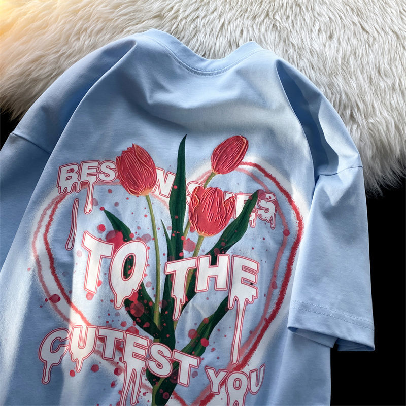 Flower Letter Print Loose T-Shirt - Blue / S