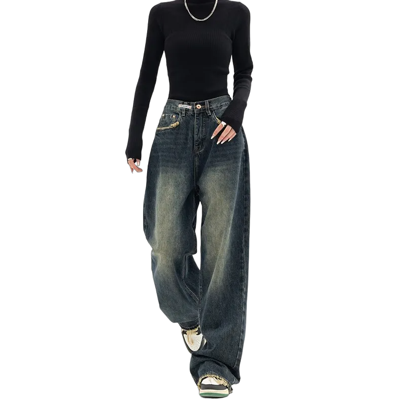 Harajuku Vintage High-Waist Wide Jeans - Black Grey / S