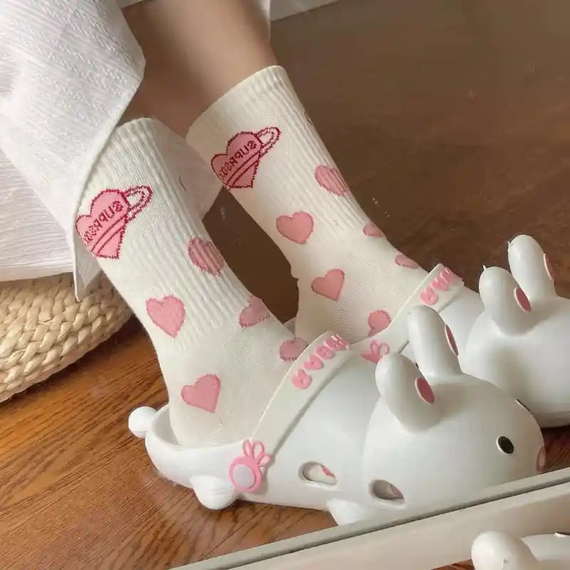 Long Cotton Lolita Socks with Red Hearts and Solid Color