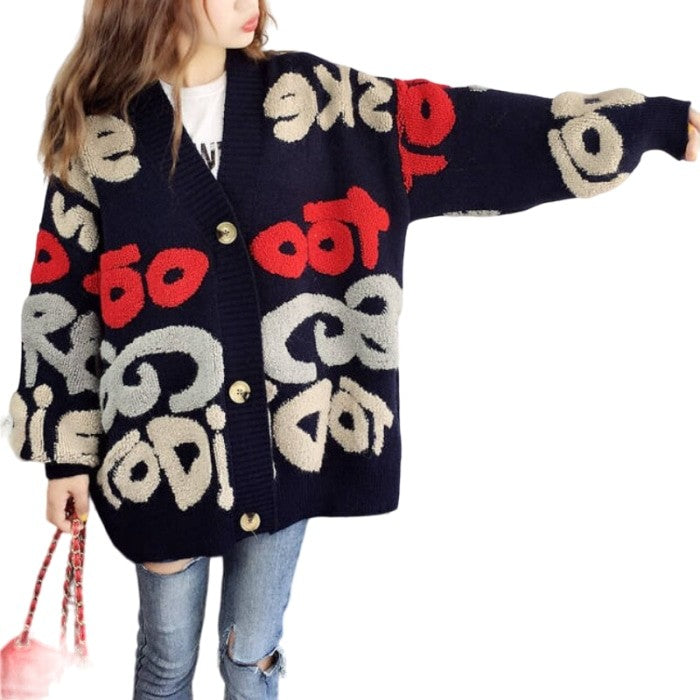 Knitted Letter Cardigan Sweater Coat - Dark Blue / S